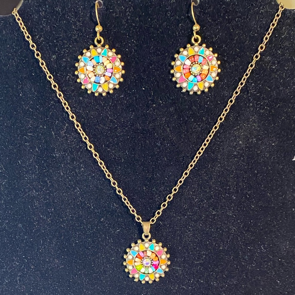 Brass with Multicolor Enamel, Beads, and Rhinestones Necklace and Earrings Set.